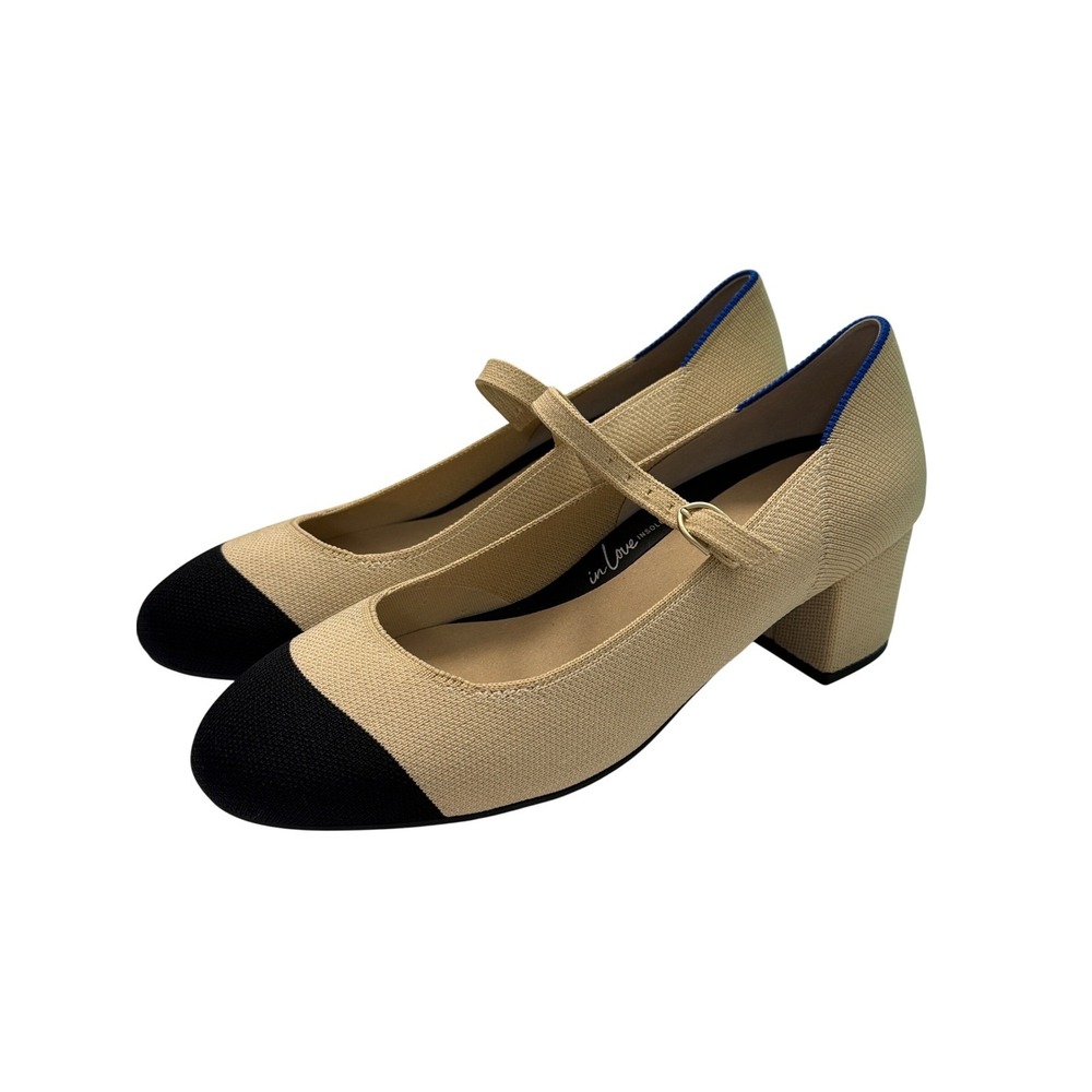 Rothys The Mary Jane Heel Sand Black Cap Toe Block Heels Womens 5.5 Office